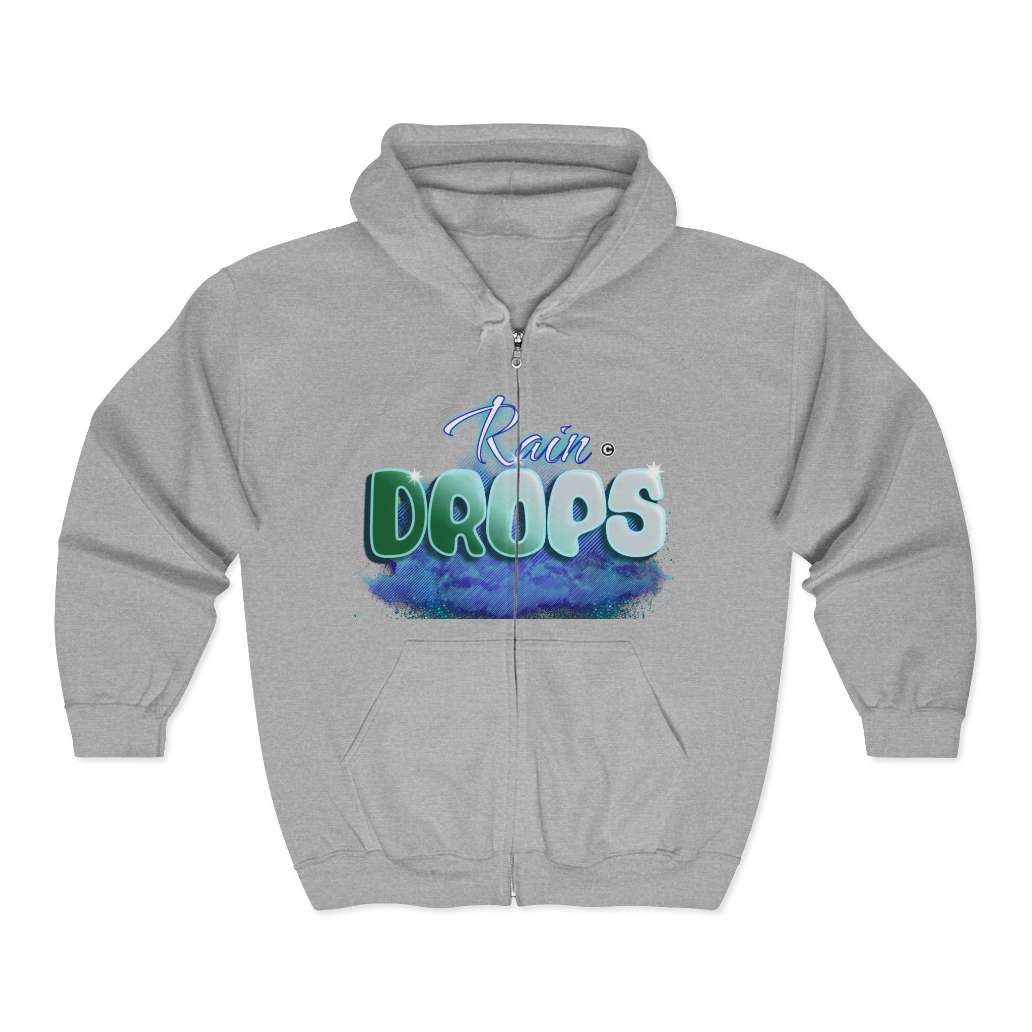 Zip Hoodie — 'Rain Drops' Blue Watercolor Graphic Full-Zip Sweatshirt