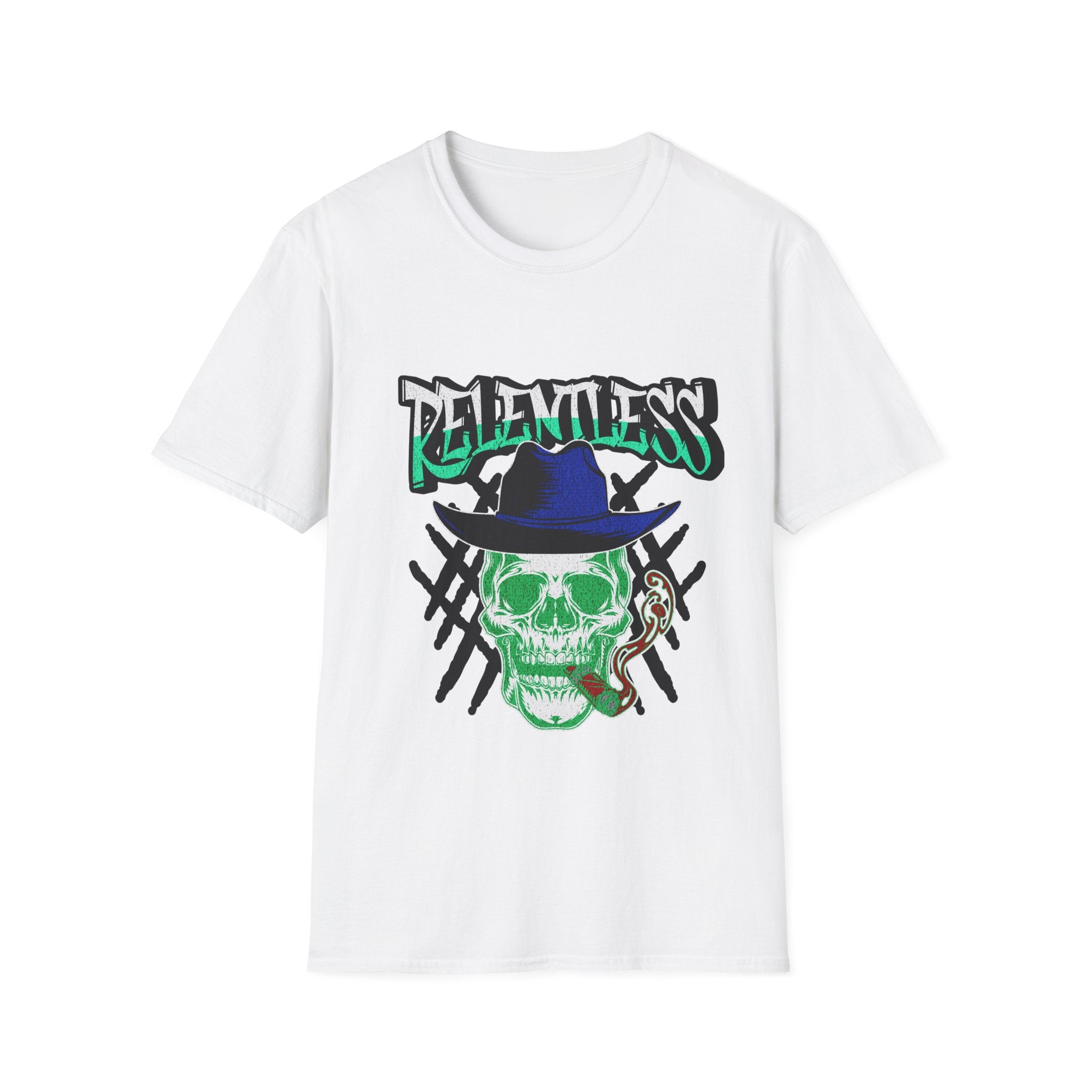 Relentless Skull T-Shirt – Green Skull with Hat & Snake Graphic