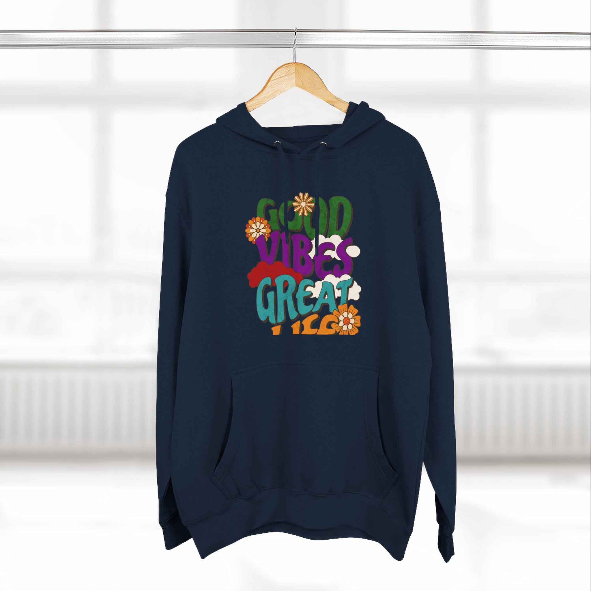 Good Vibes Great Ideas Hoodie — Retro Floral Positive Message Pullover
