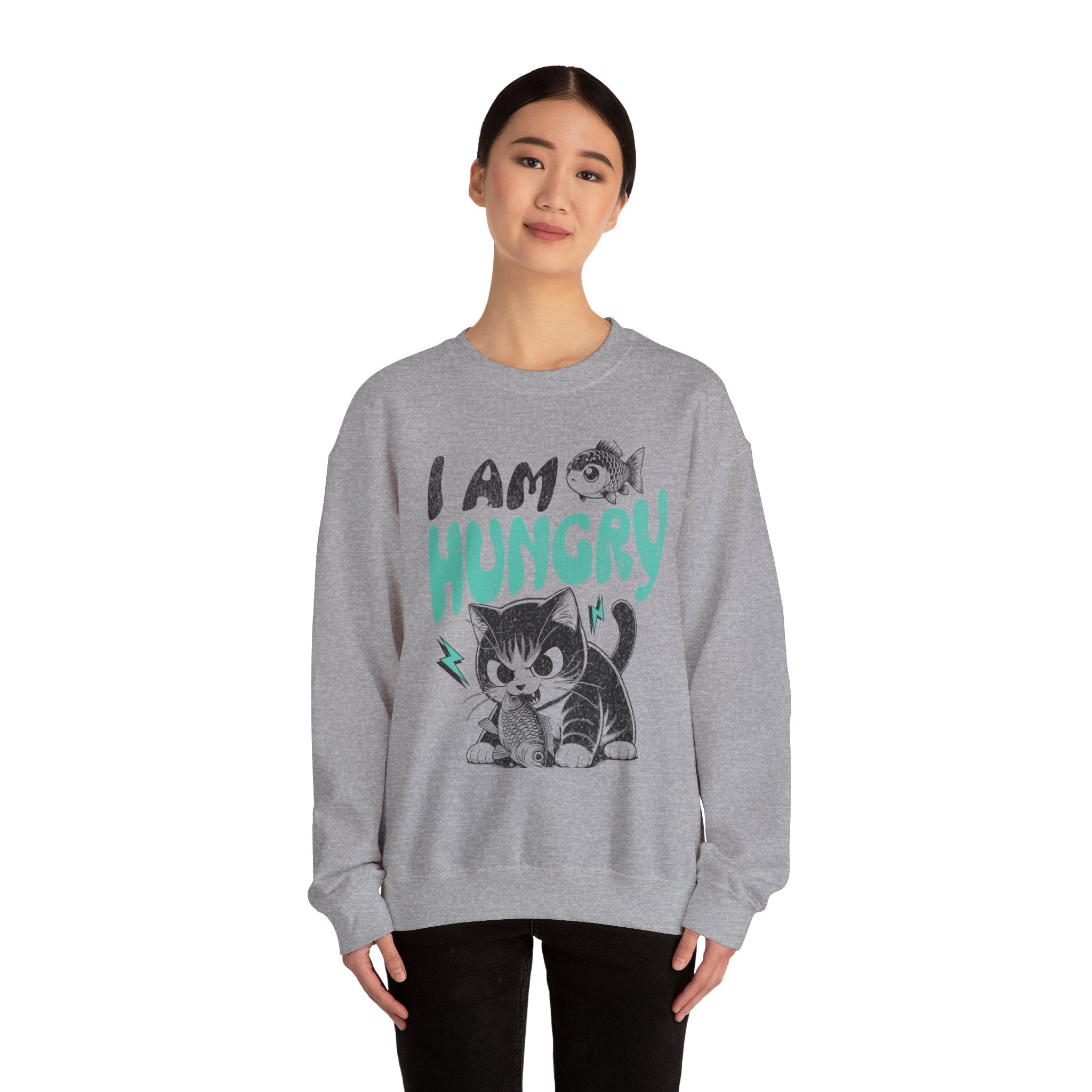 Sweatshirt — Cute Cat "I Am Hungry" Graphic Crewneck