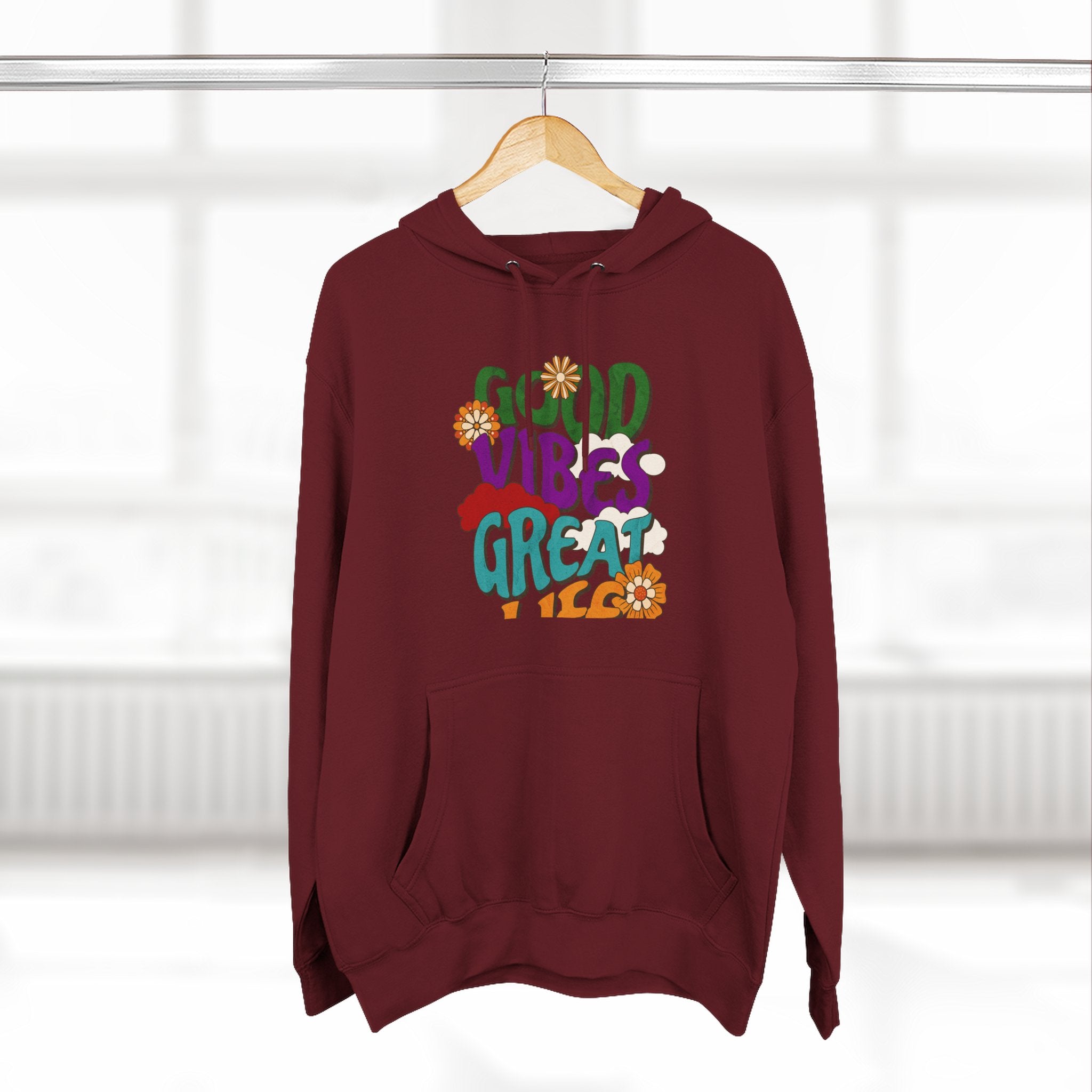 Good Vibes Great Ideas Hoodie — Retro Floral Positive Message Pullover