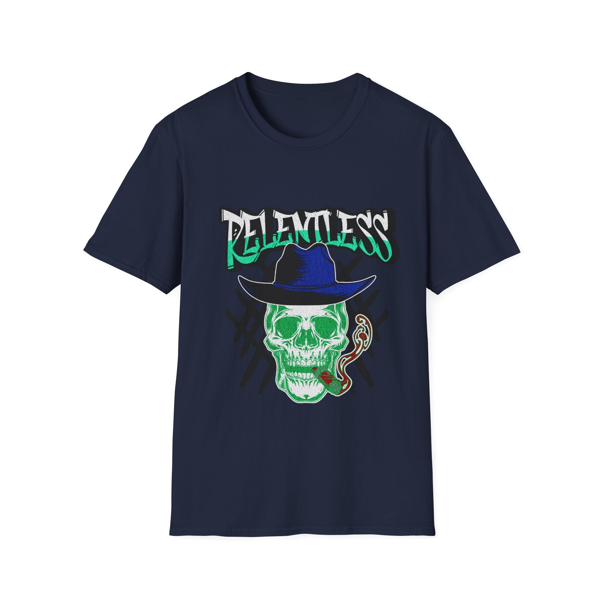 Relentless Skull T-Shirt – Green Skull with Hat & Snake Graphic