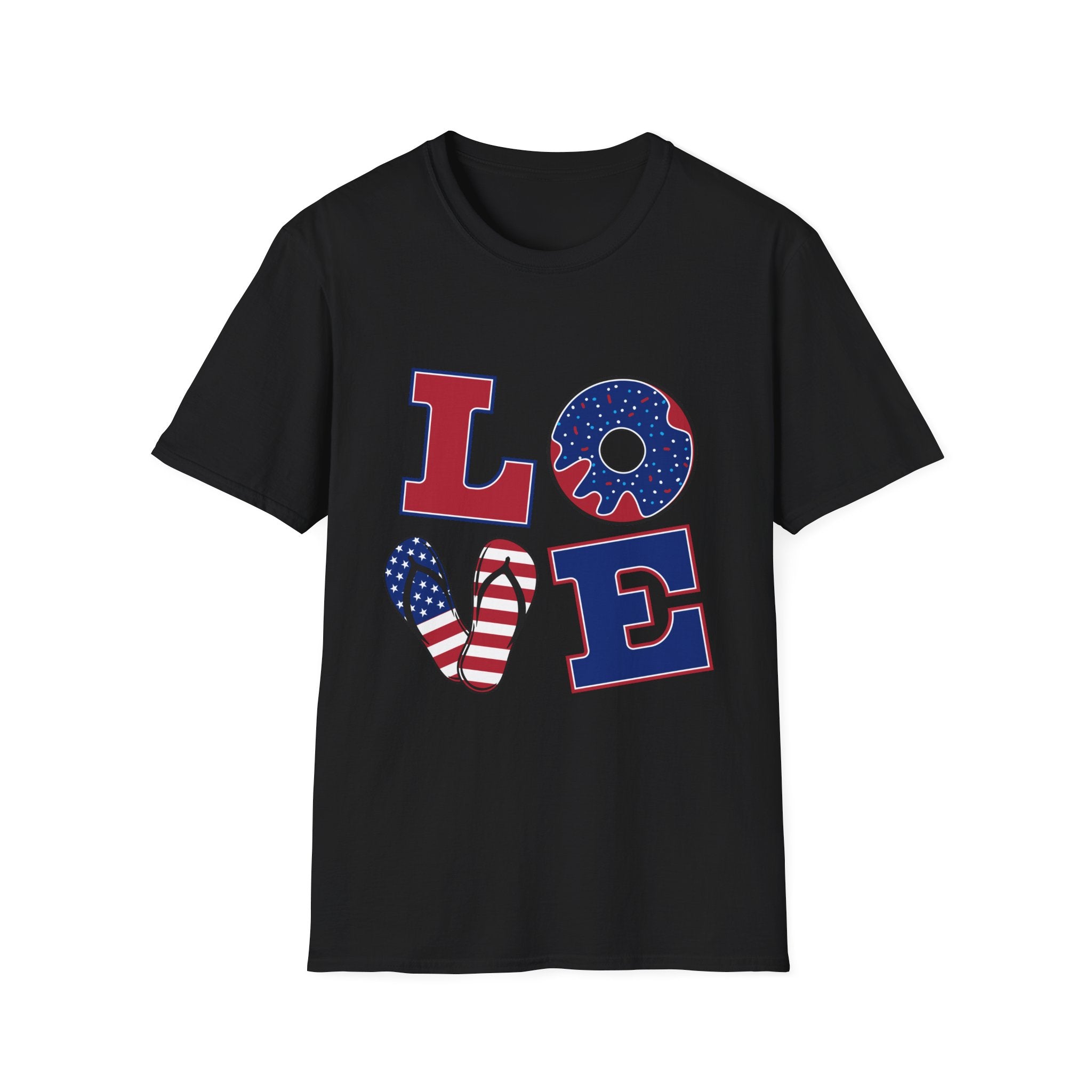 Patriotic LOVE T-Shirt USA Flag Donut & Flip-Flop Fourth of July Tee