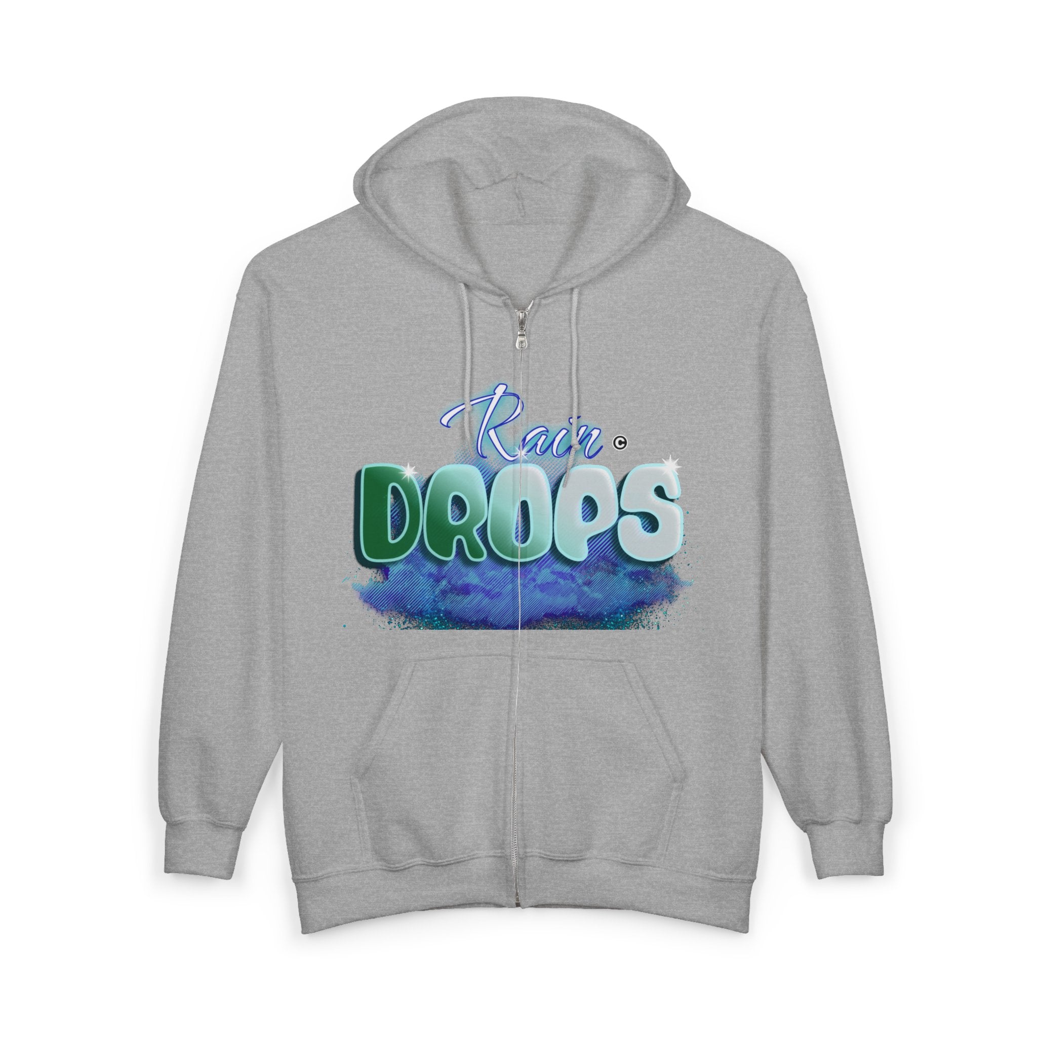 Zip Hoodie — 'Rain Drops' Blue Watercolor Graphic Full-Zip Sweatshirt