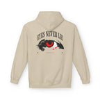 Hoodie featuring 'Eyes Never Lie' graphic design on a beige background, perfect for casual wear.