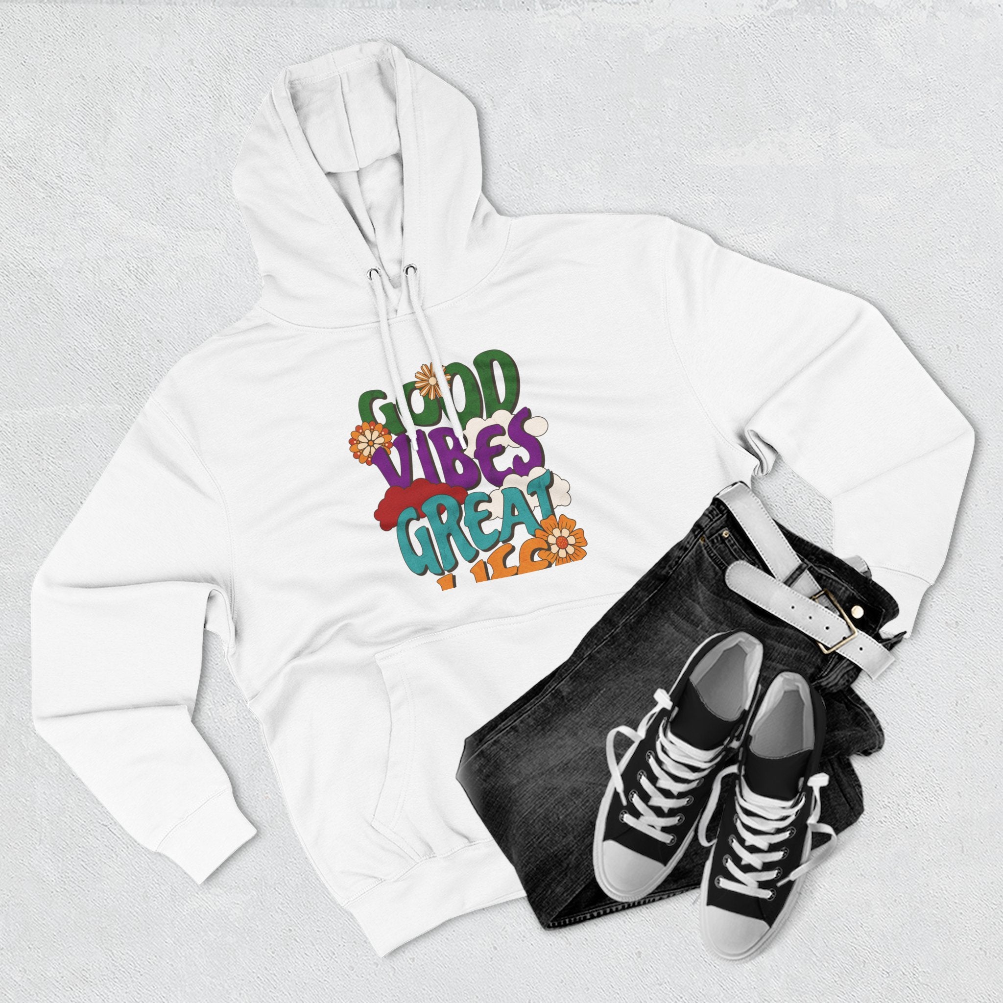 Good Vibes Great Ideas Hoodie — Retro Floral Positive Message Pullover