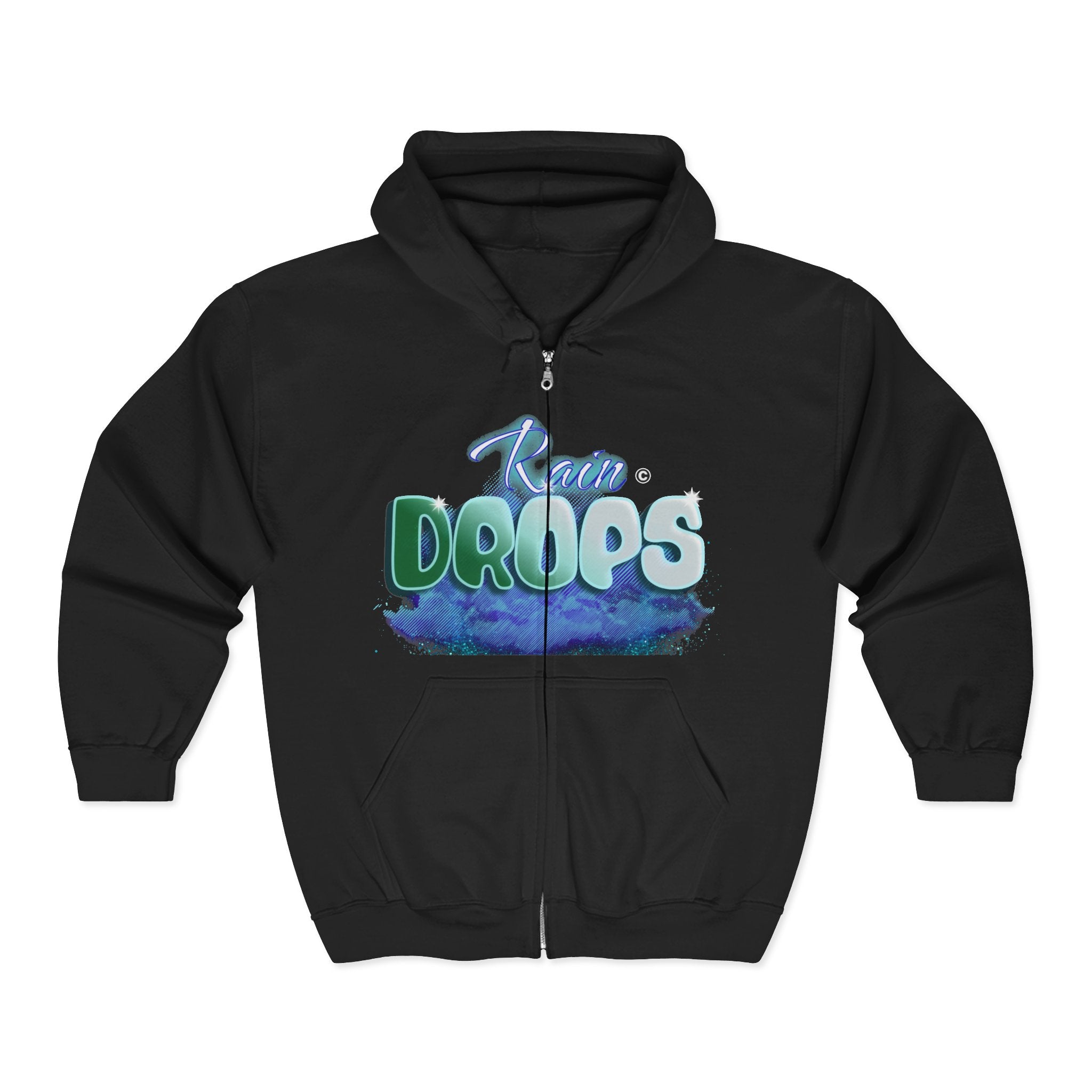 Zip Hoodie — 'Rain Drops' Blue Watercolor Graphic Full-Zip Sweatshirt