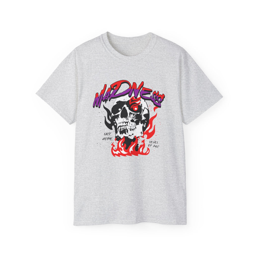 Totenkopf-Flammen-T-Shirt – Baumwoll-T-Shirt mit „Wahnsinn“-Grafik 