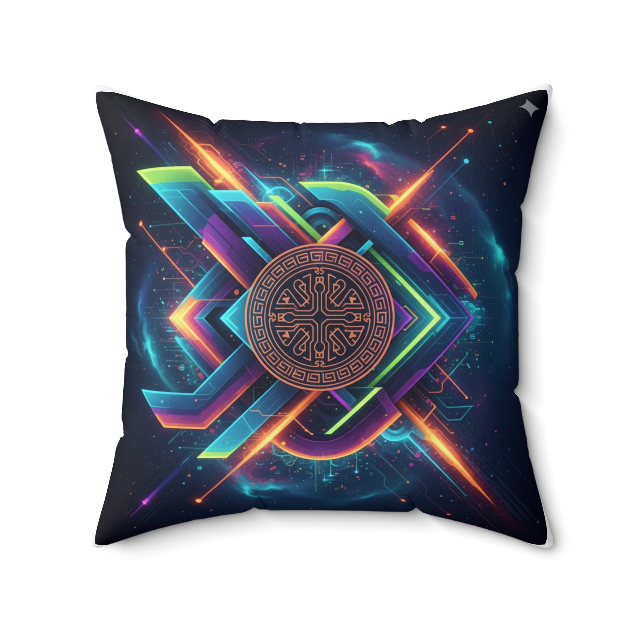 Geometric Neon Mandala Pillow Vibrant Cosmic Decorative Throw