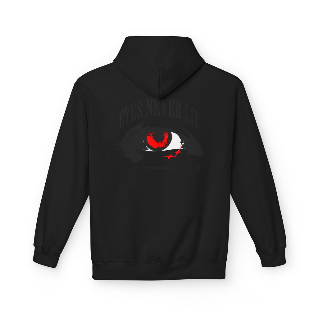 Hoodie with 'Eyes Never Lie' graphic design in black, featuring a striking red eye illustration.