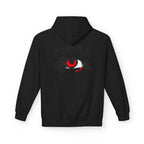 Hoodie with 'Eyes Never Lie' graphic design in black, featuring a striking red eye illustration.