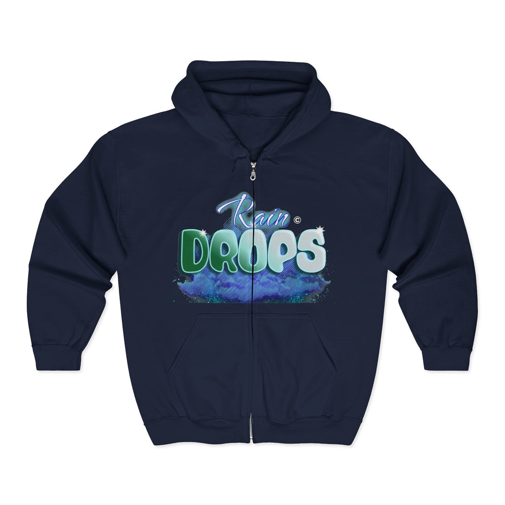 Kapuzenpullover mit durchgehendem Reißverschluss – „Regentropfen“-Motiv, blauer Aquarell-Print