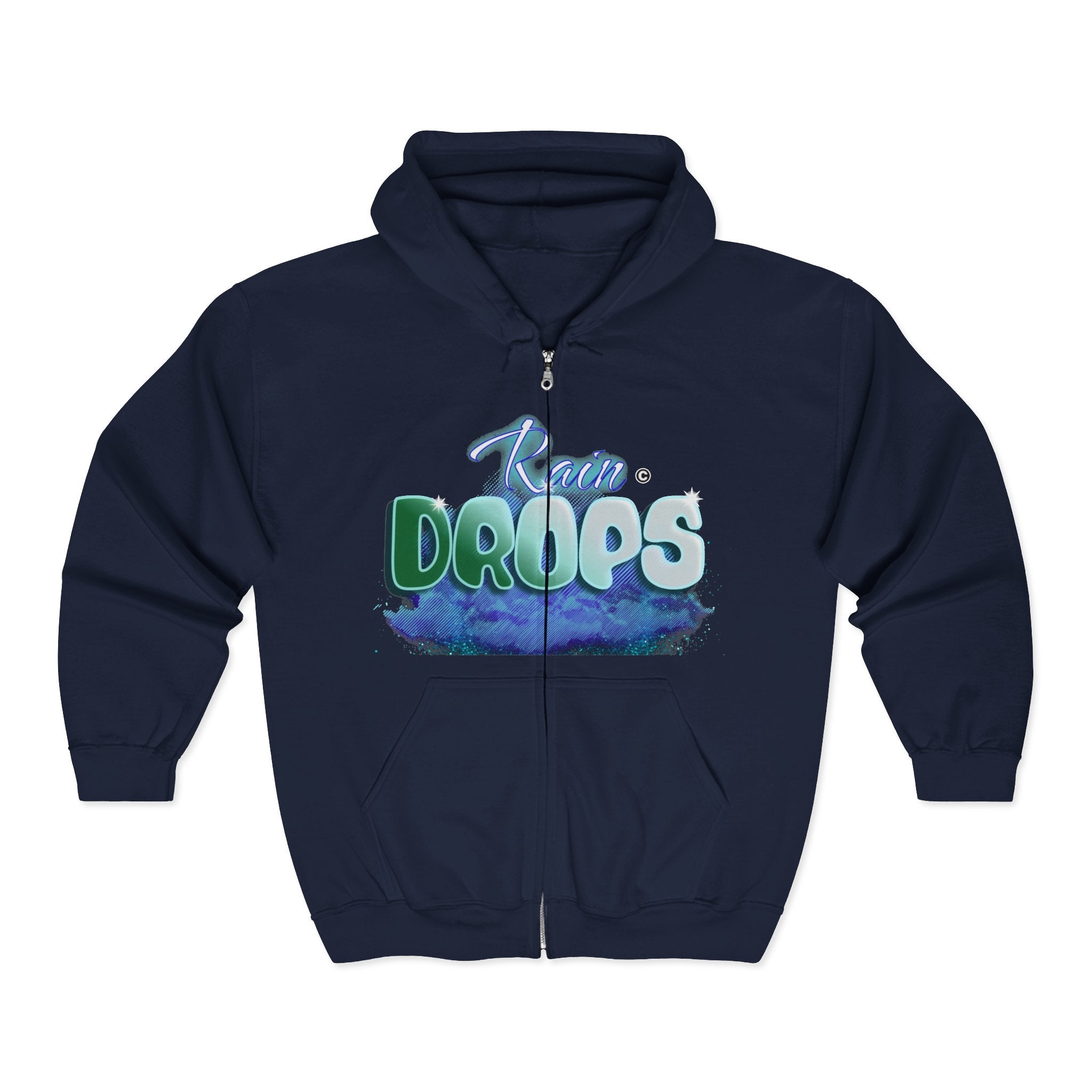 Zip Hoodie — 'Rain Drops' Blue Watercolor Graphic Full-Zip Sweatshirt