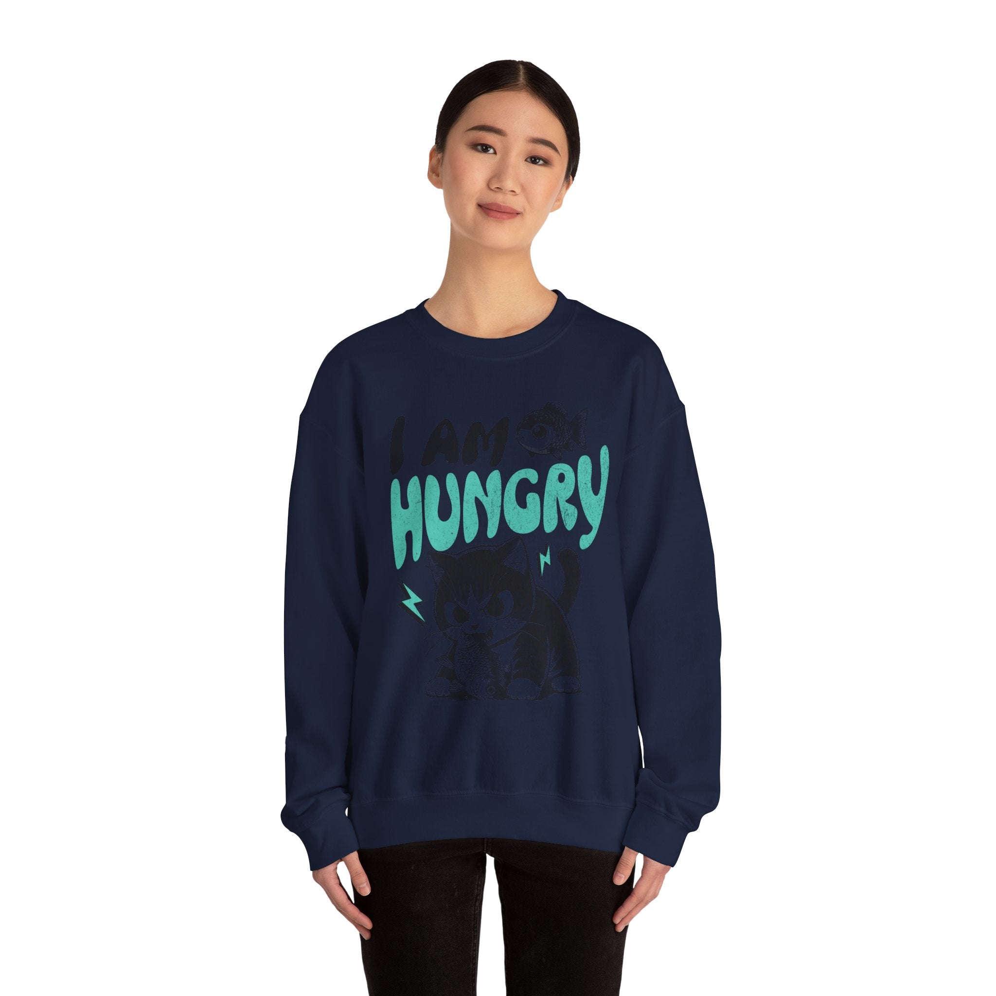 Sweatshirt — Cute Cat "I Am Hungry" Graphic Crewneck