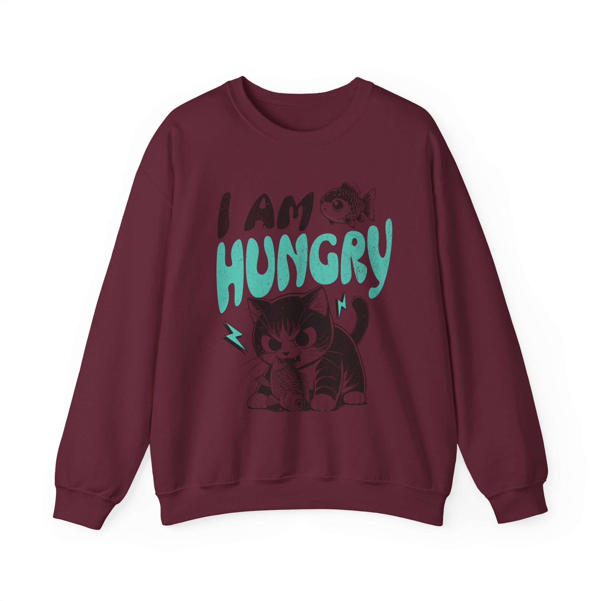 Sweatshirt — Cute Cat "I Am Hungry" Graphic Crewneck
