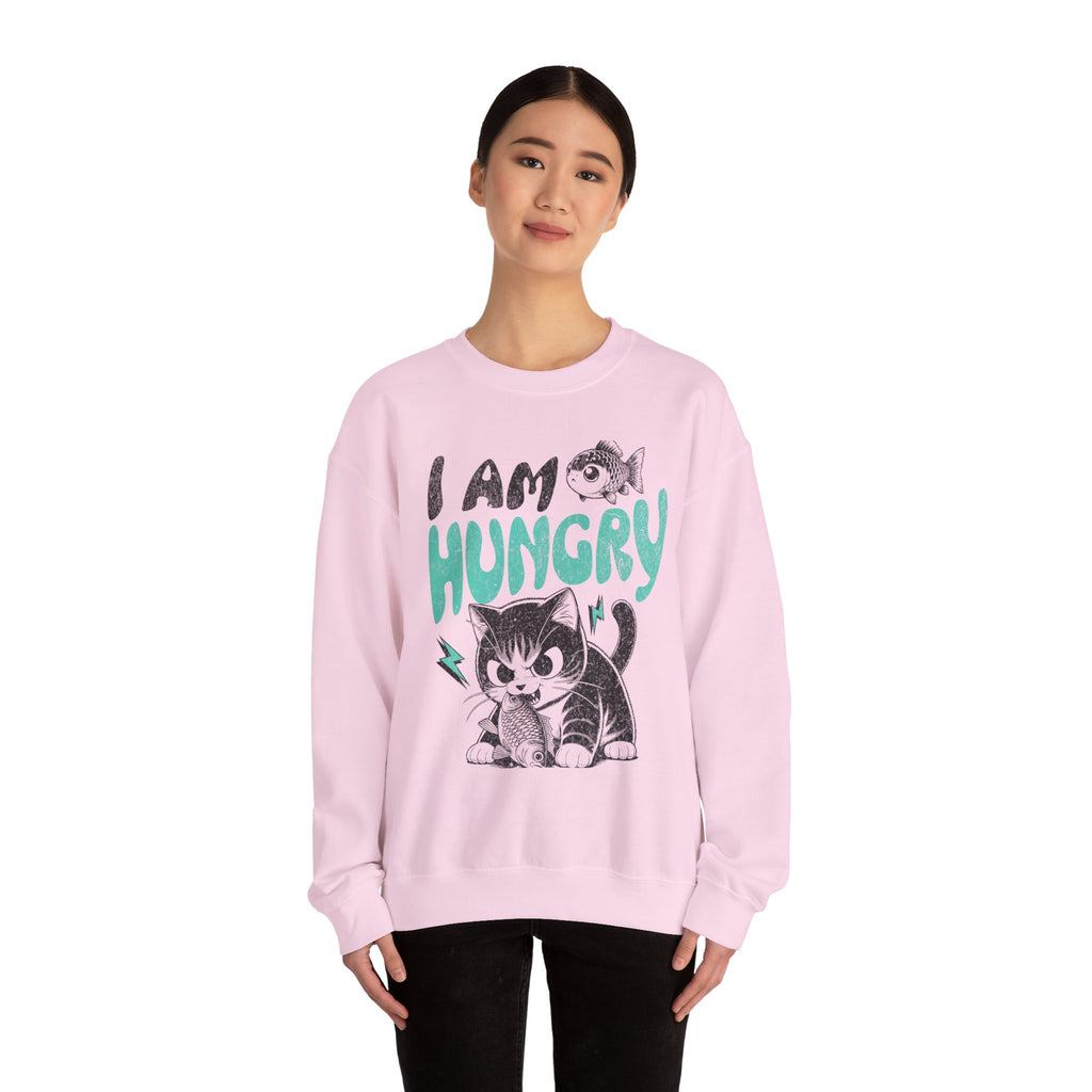 Sweatshirt — Cute Cat "I Am Hungry" Graphic Crewneck