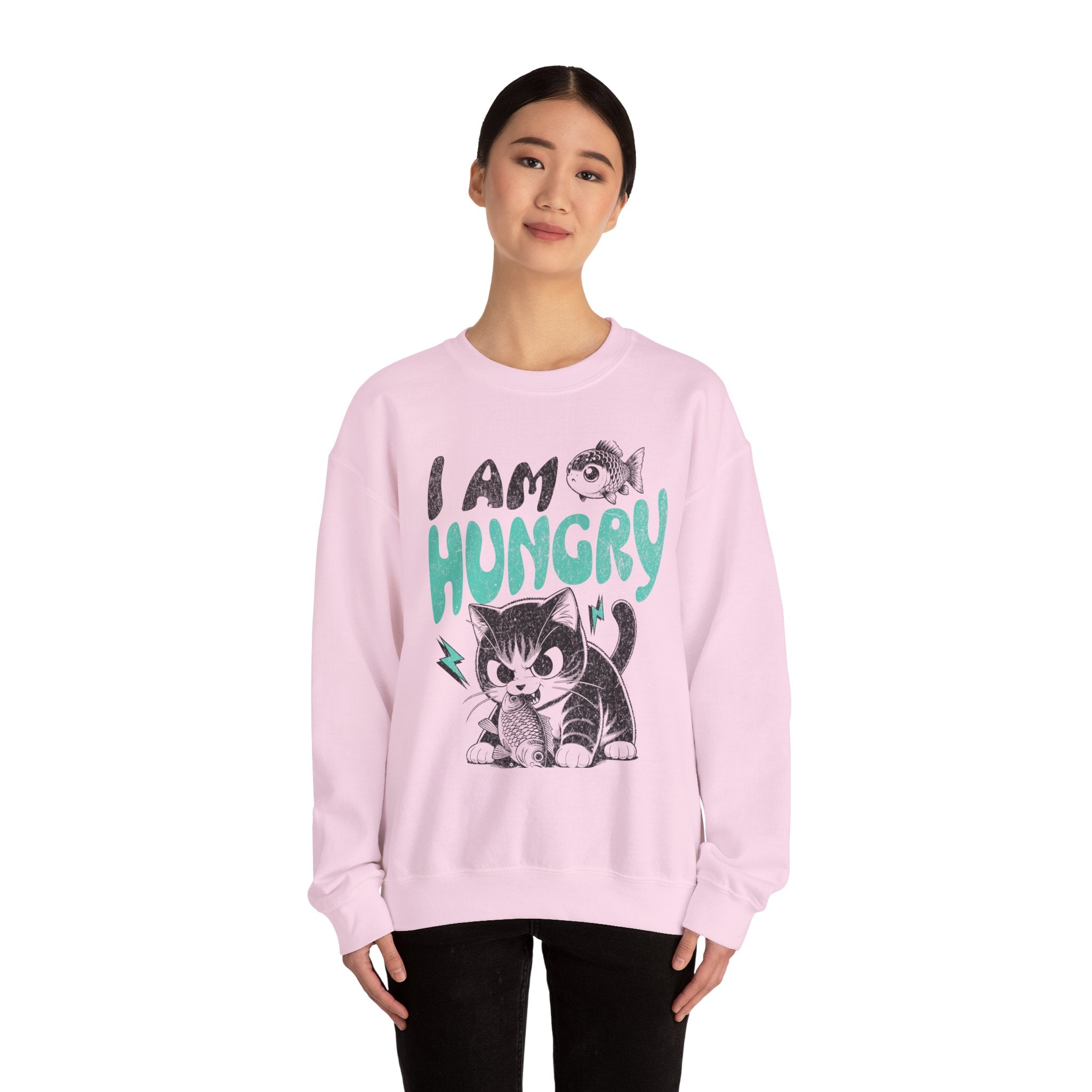 Sweatshirt — Cute Cat "I Am Hungry" Graphic Crewneck