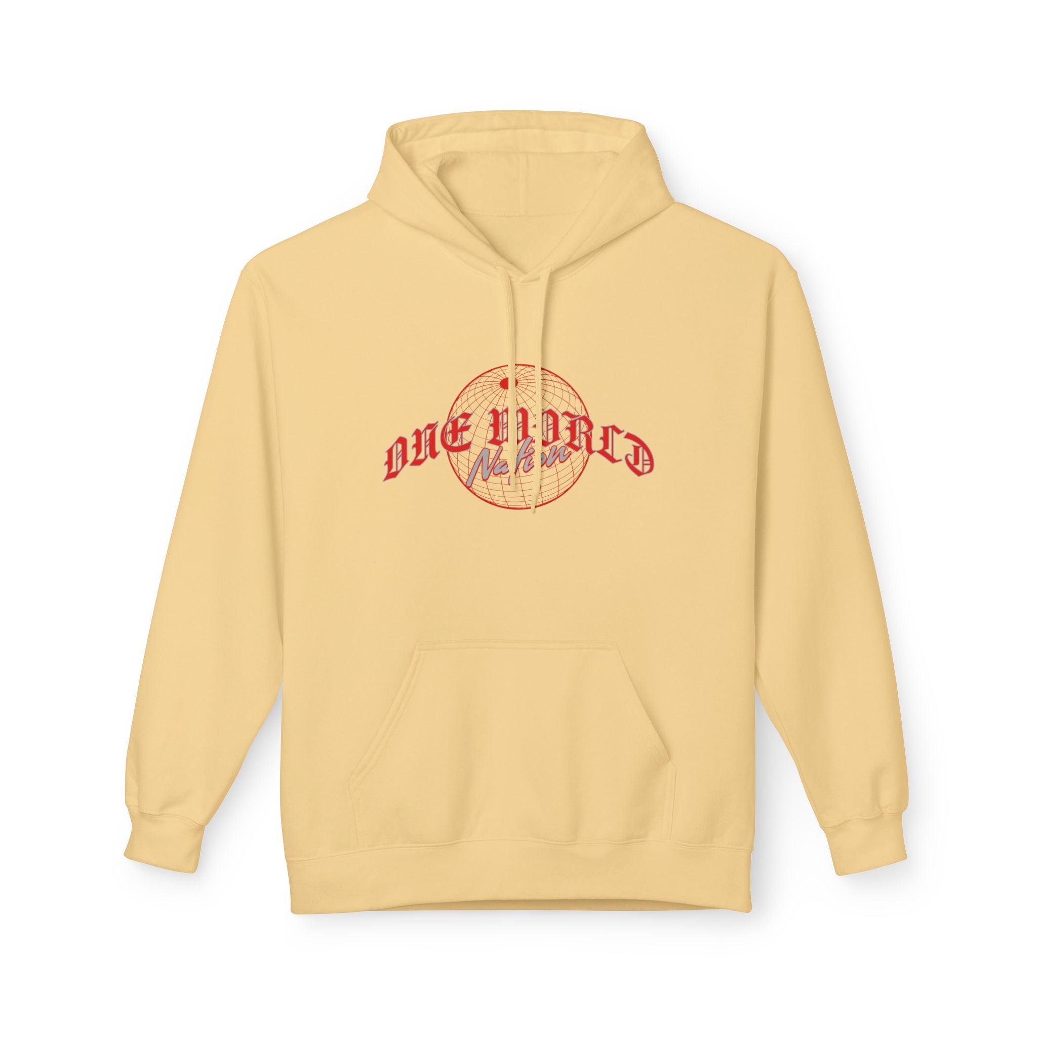 World Hold Graphic Hoodie featuring 'One World' design in red on a yellow background.