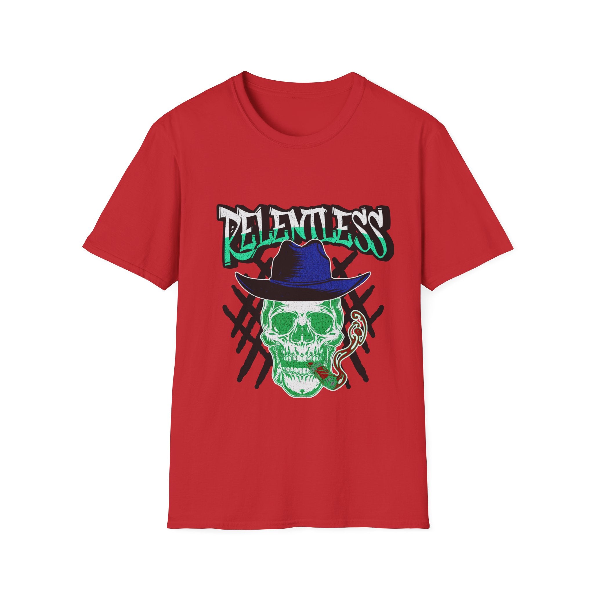 Relentless Skull T-Shirt – Green Skull with Hat & Snake Graphic