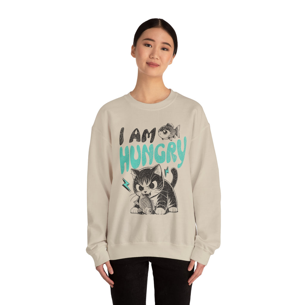 Sweatshirt — Cute Cat "I Am Hungry" Graphic Crewneck