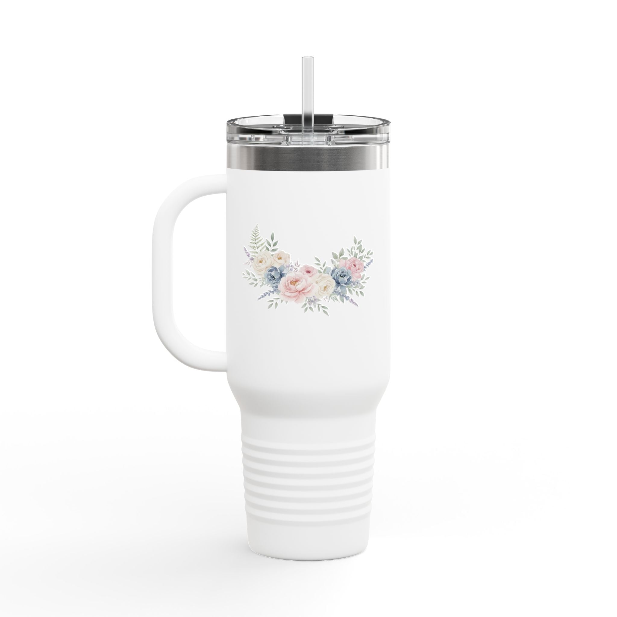 40oz Insulated Travel Mug with Pastel Floral Bouquet – Large Stainless Steel Tumbler, Travel Coffee Cup
