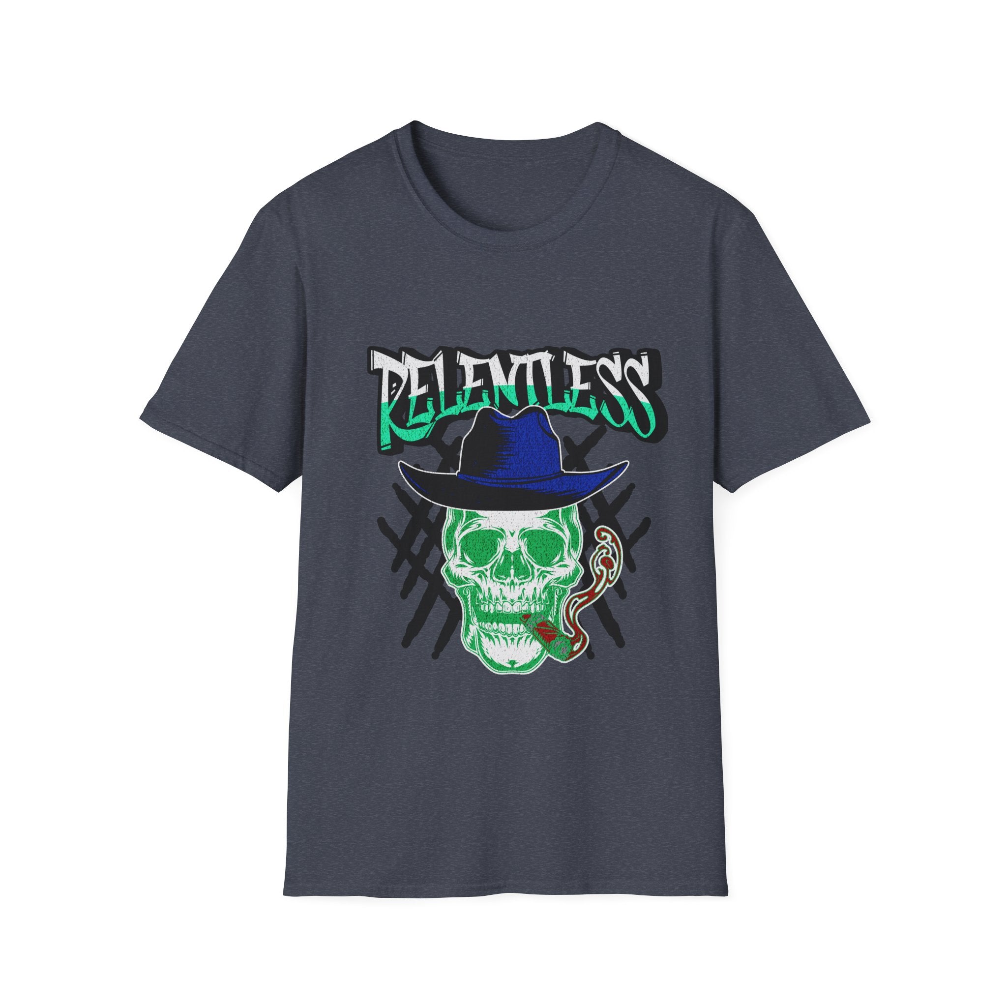 Relentless Skull T-Shirt – Green Skull with Hat & Snake Graphic