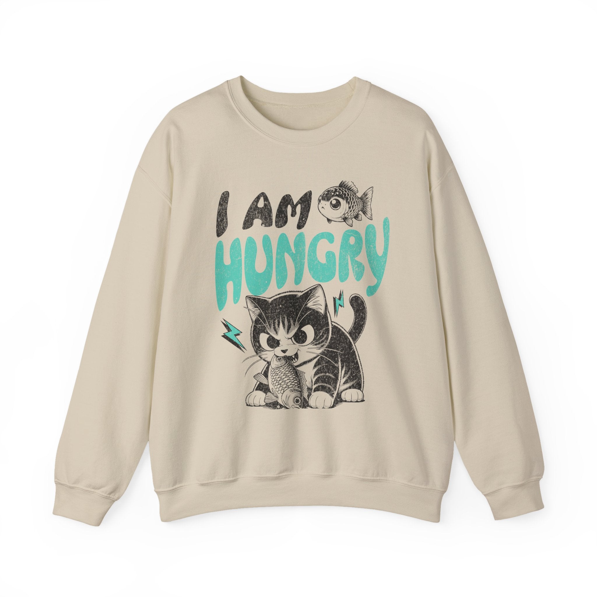 Sweatshirt — Cute Cat "I Am Hungry" Graphic Crewneck