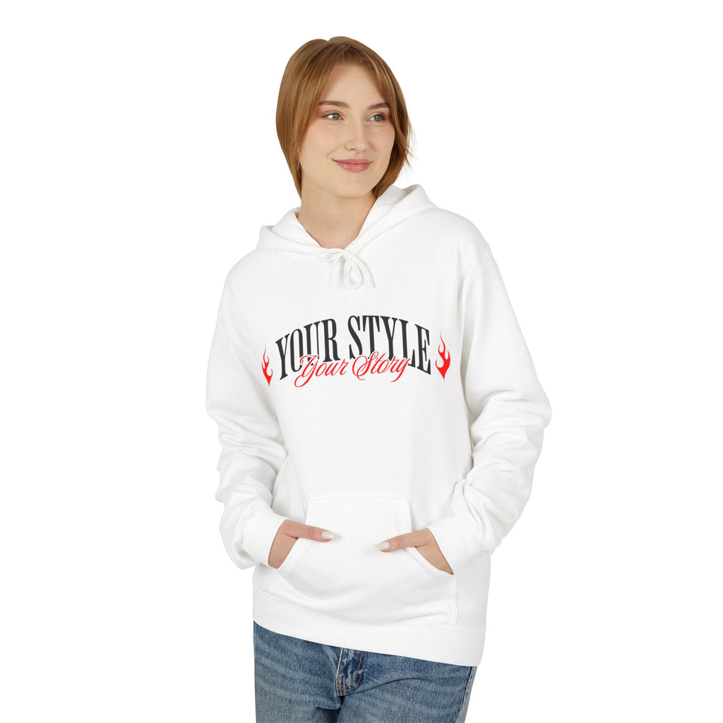 Woman wearing a white Hoodie with 'YOUR STYLE' graphic and a front pocket.Hoodie 