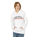 Woman wearing a white Hoodie with 'YOUR STYLE' graphic and a front pocket.Hoodie 