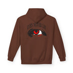 Hoodie featuring 'Eyes Never Lie' graphic on the back, designed in a rich brown color.