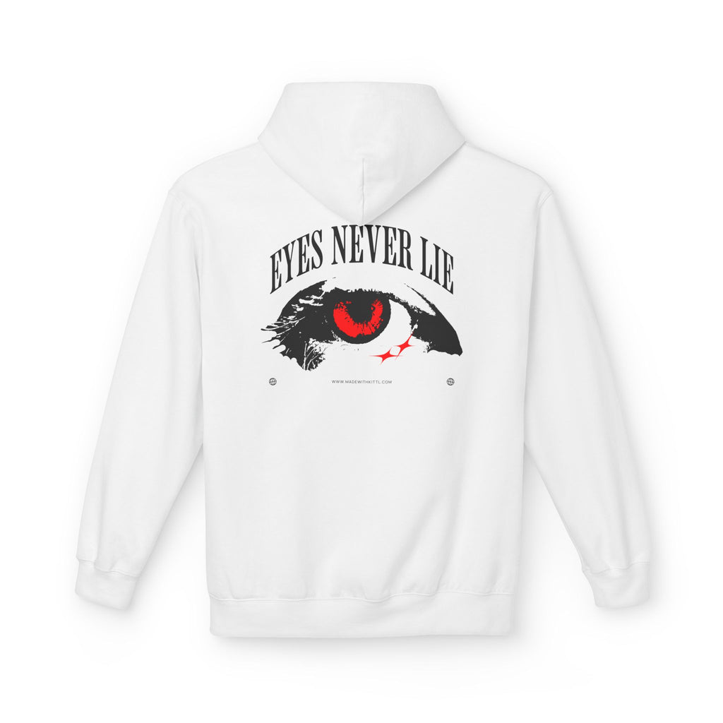 Back view of a white Hoodie featuring 'Eyes Never Lie' graphic design with a striking eye illustration.