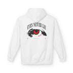 Back view of a white Hoodie featuring 'Eyes Never Lie' graphic design with a striking eye illustration.