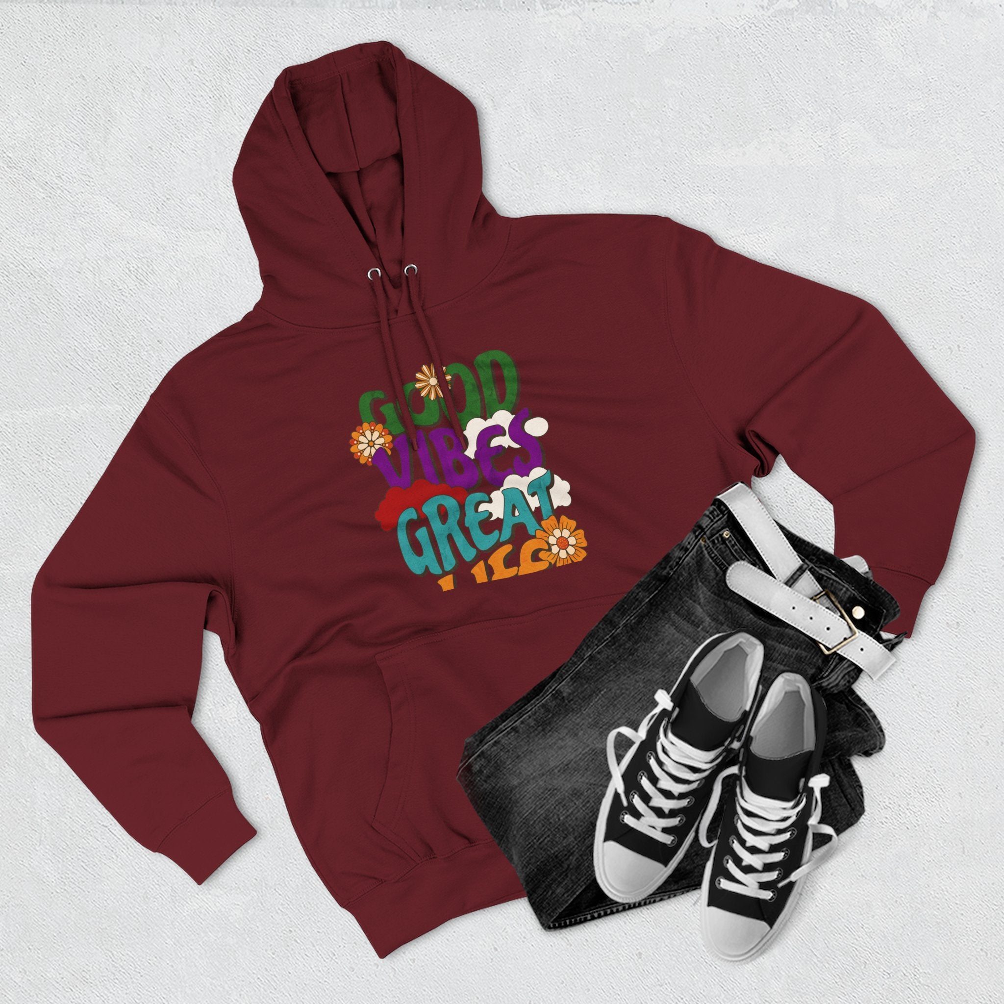 Good Vibes Great Ideas Hoodie — Retro Floral Positive Message Pullover