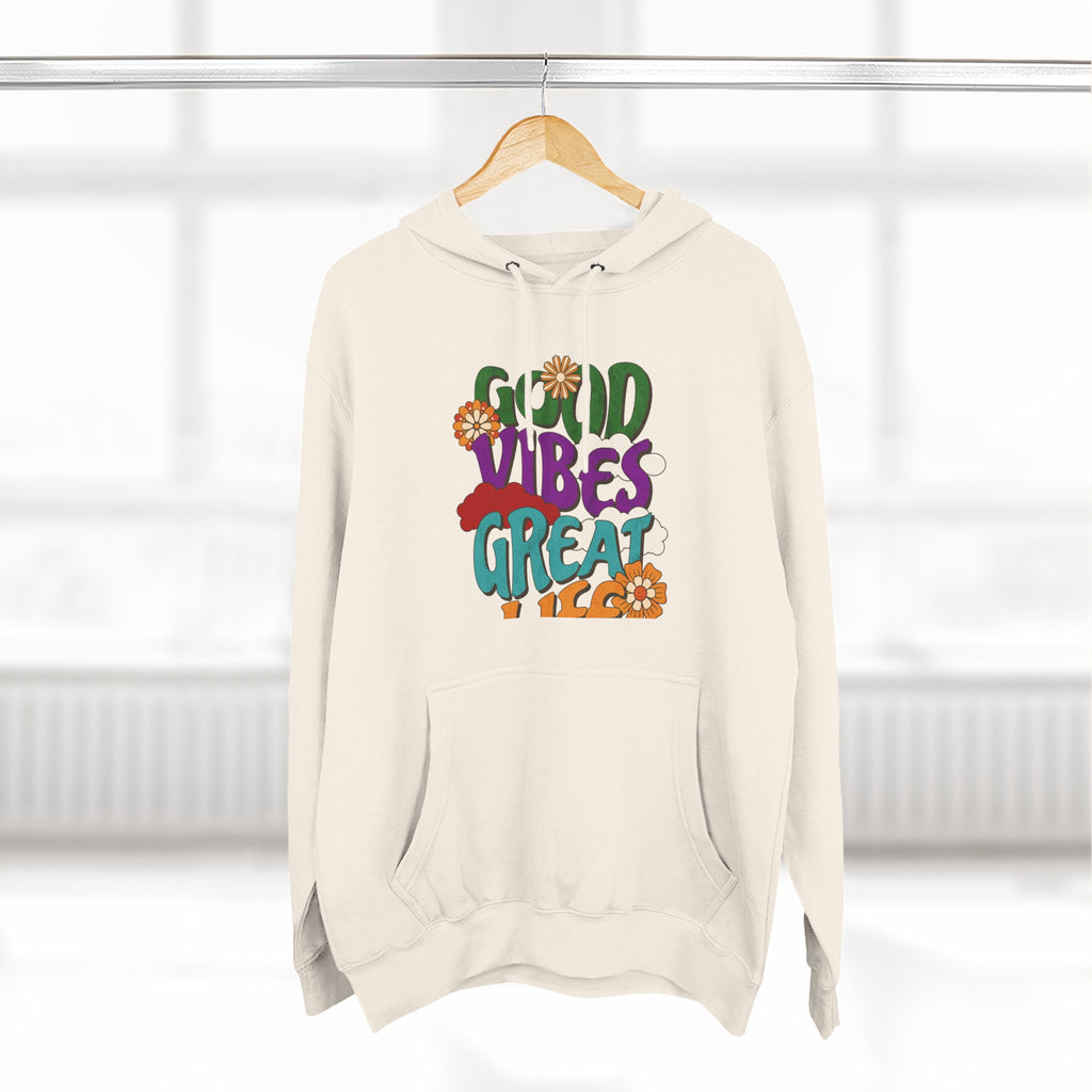 Good Vibes Great Ideas Hoodie — Retro Floral Positive Message Pullover