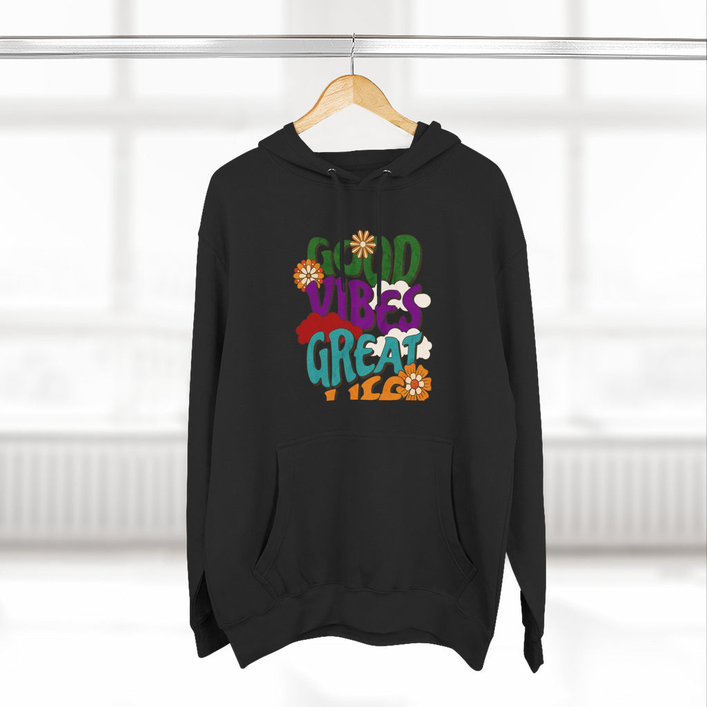 Good Vibes Great Ideas Hoodie — Retro Floral Positive Message Pullover