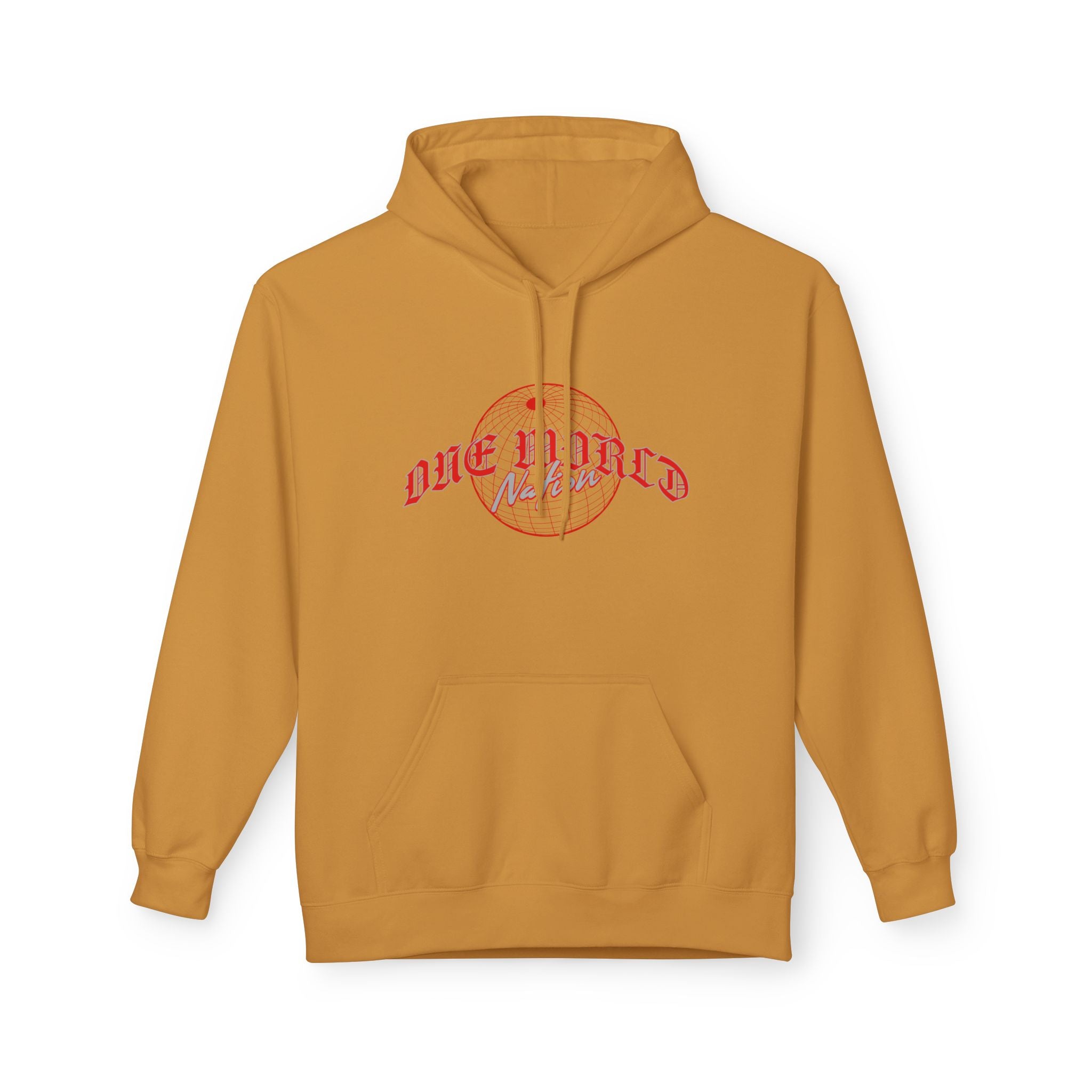 World Hold Graphic Hoodie in orange with 'One World' graphic design for trendy streetwear.