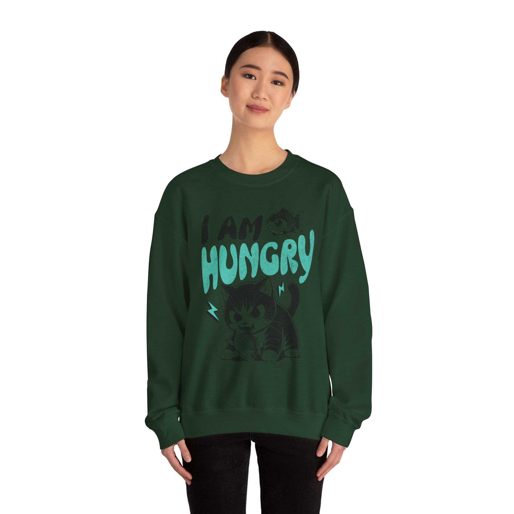 Sweatshirt — Cute Cat "I Am Hungry" Graphic Crewneck