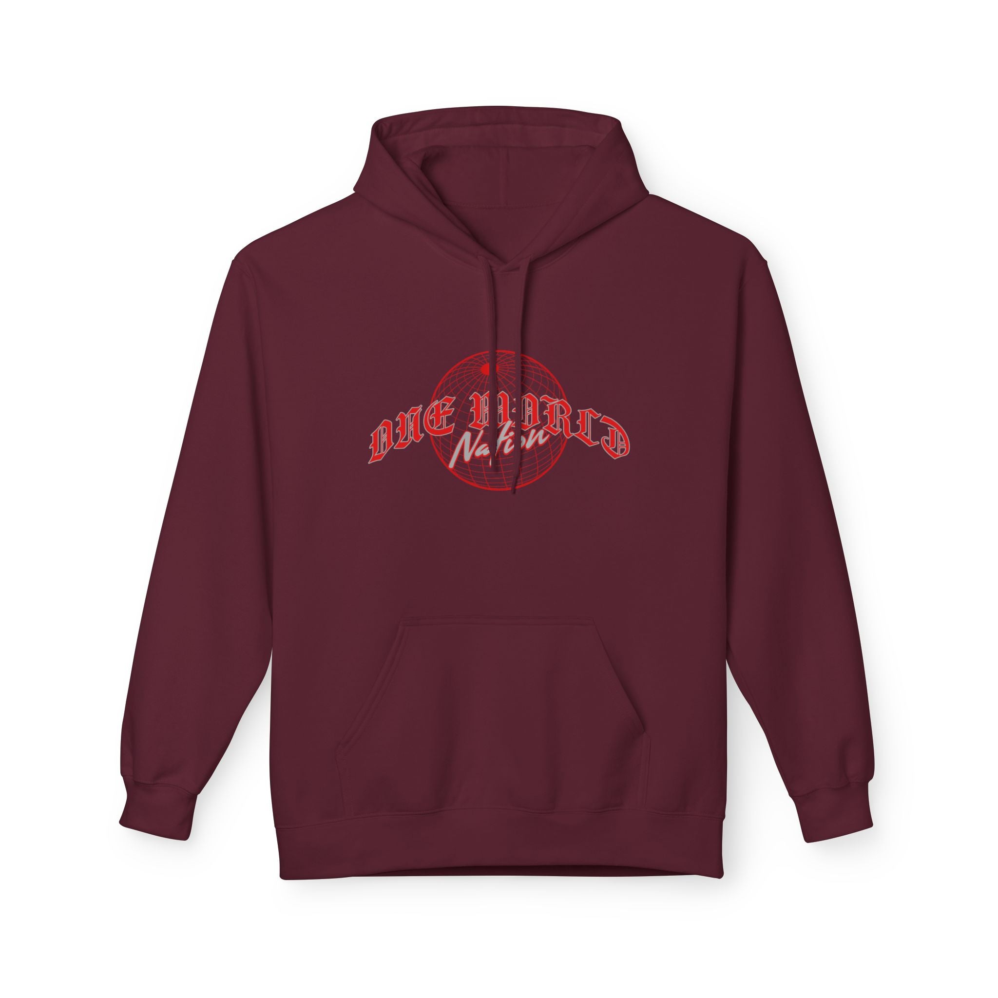 World Hold Graphic Hoodie in red with a globe design, perfect for streetwear style.
