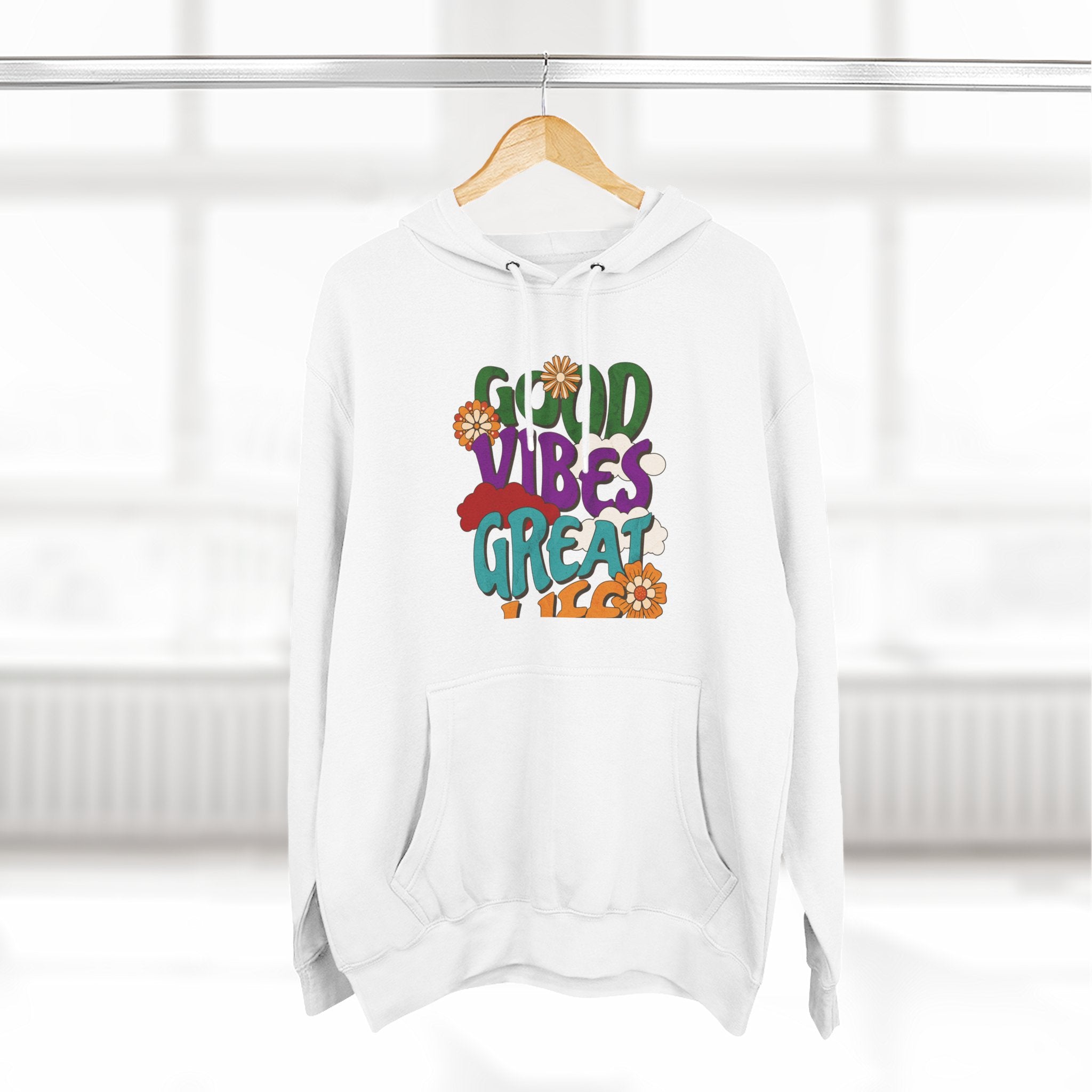 Good Vibes Great Ideas Hoodie — Retro Floral Positive Message Pullover