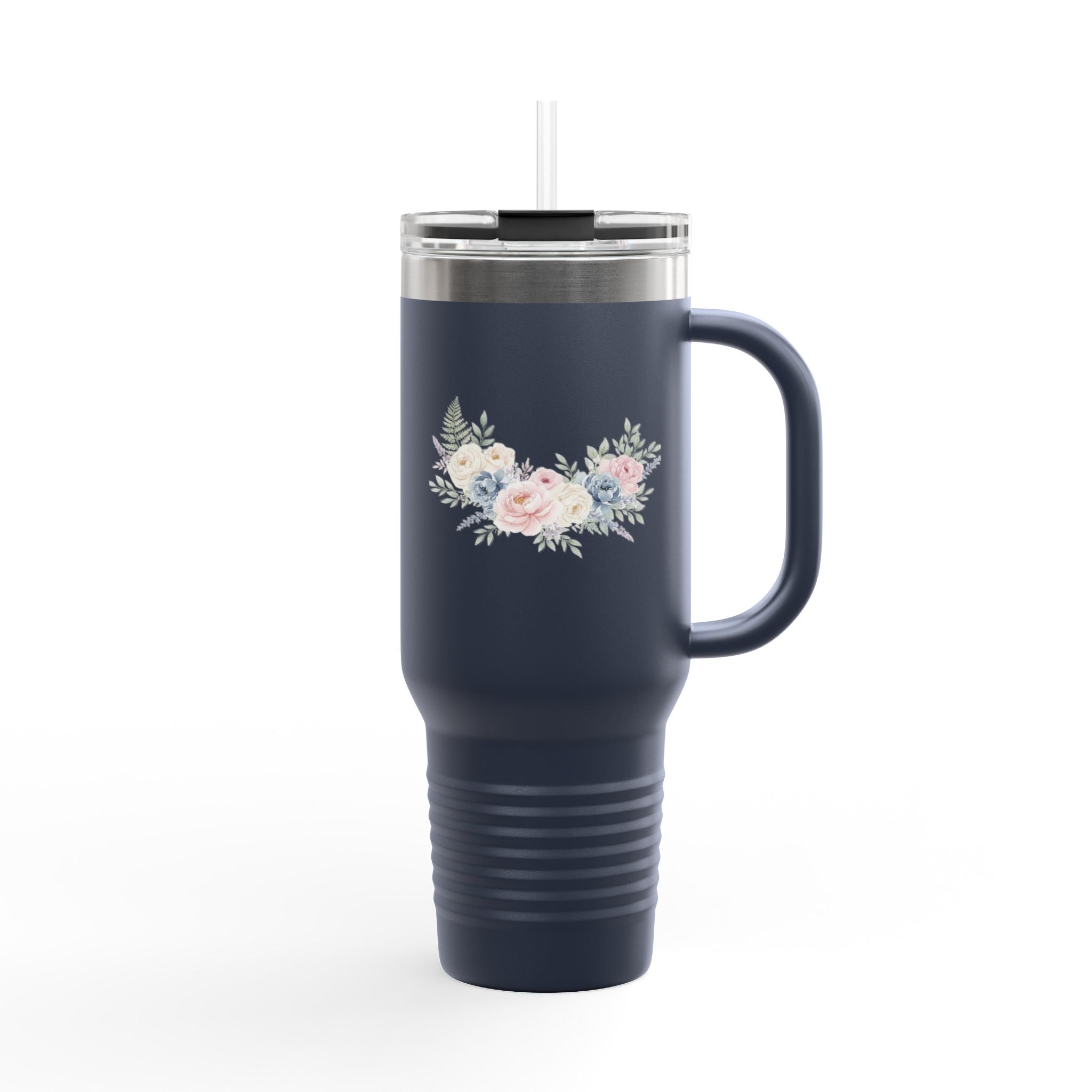 40oz Insulated Travel Mug with Pastel Floral Bouquet – Large Stainless Steel Tumbler, Travel Coffee Cup