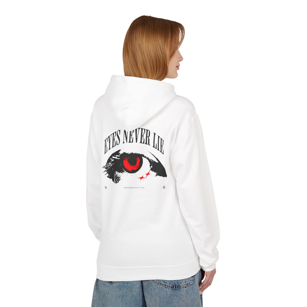 Back view of a white Hoodie featuring an 'Eyes Never Lie' graphic design.