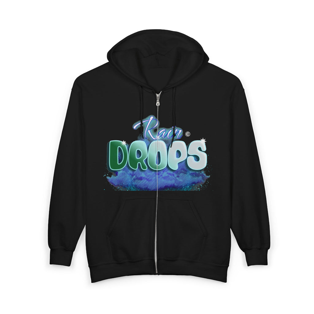 Zip Hoodie — 'Rain Drops' Blue Watercolor Graphic Full-Zip Sweatshirt