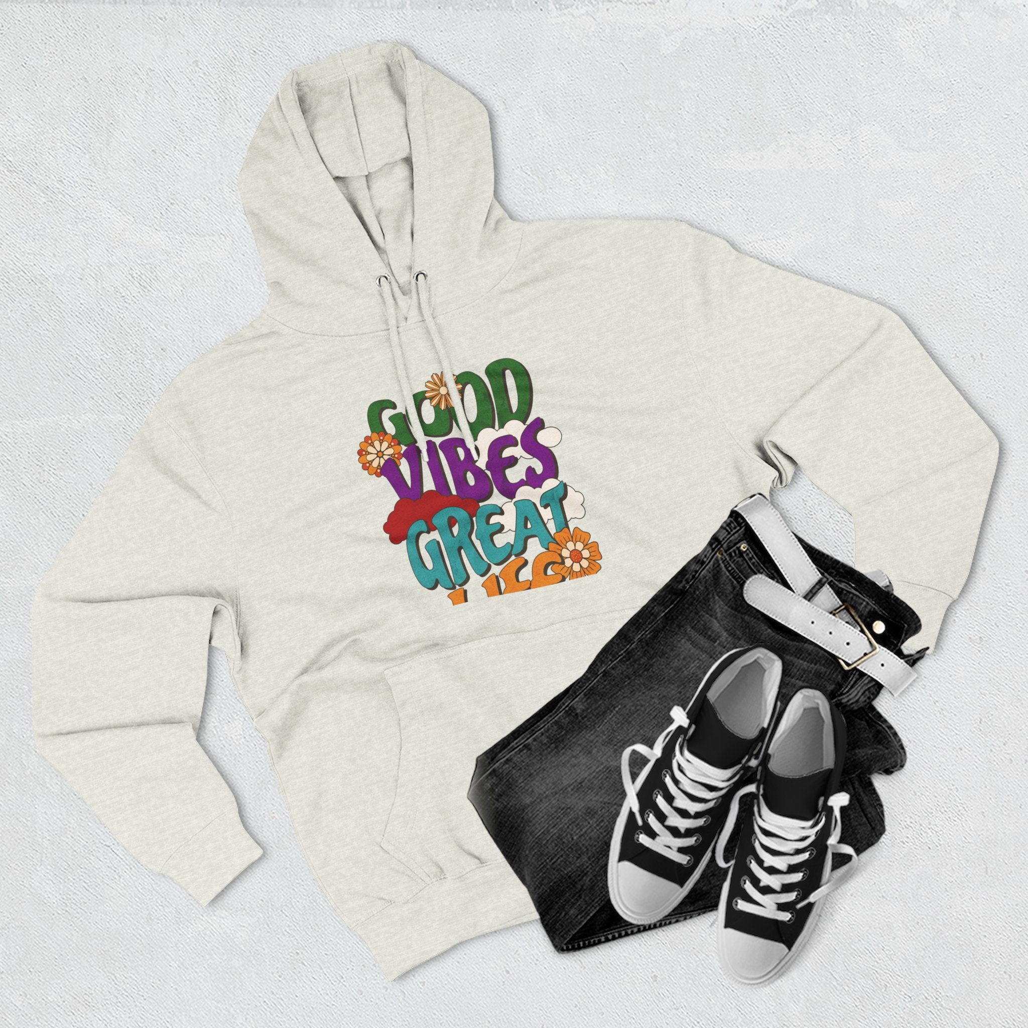 Good Vibes Great Ideas Hoodie — Retro Floral Positive Message Pullover