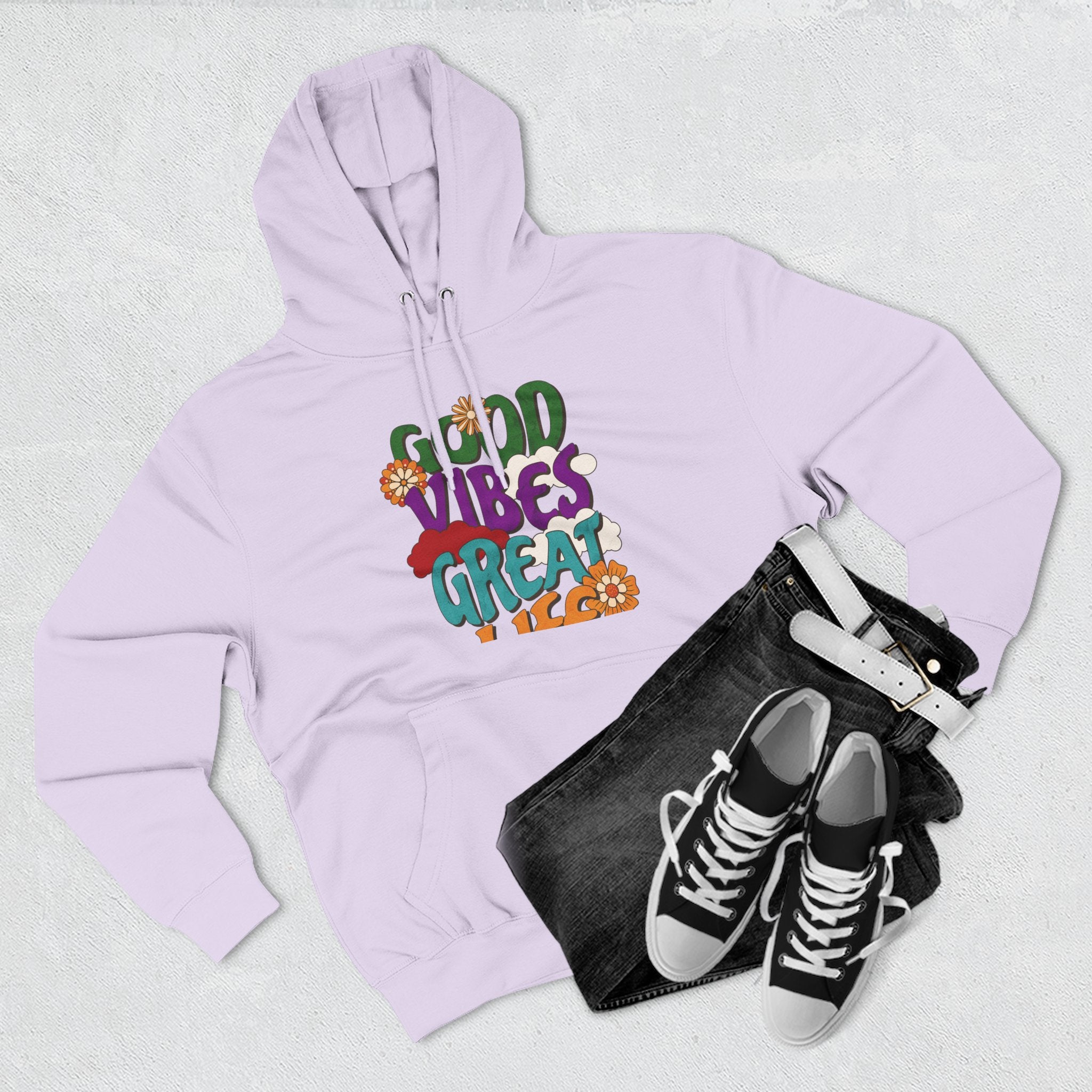 Good Vibes Great Ideas Hoodie — Retro Floral Positive Message Pullover