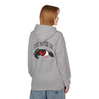 Back view of a grey hoodie featuring 'Eyes Never Lie' graphic design.