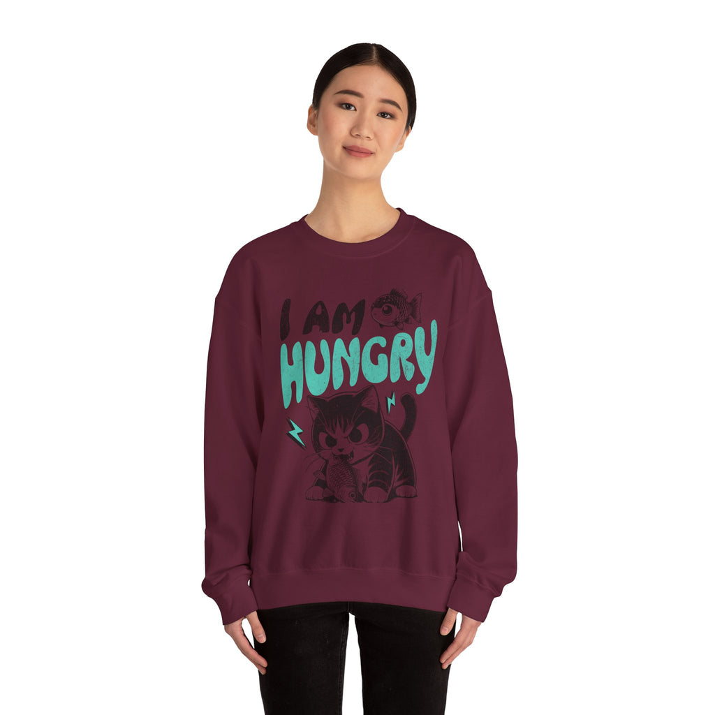Sweatshirt — Cute Cat "I Am Hungry" Graphic Crewneck