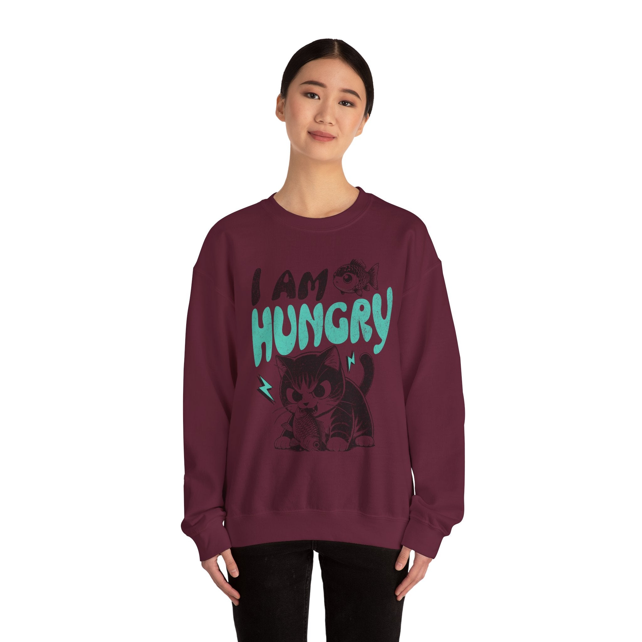 Sweatshirt — Cute Cat "I Am Hungry" Graphic Crewneck