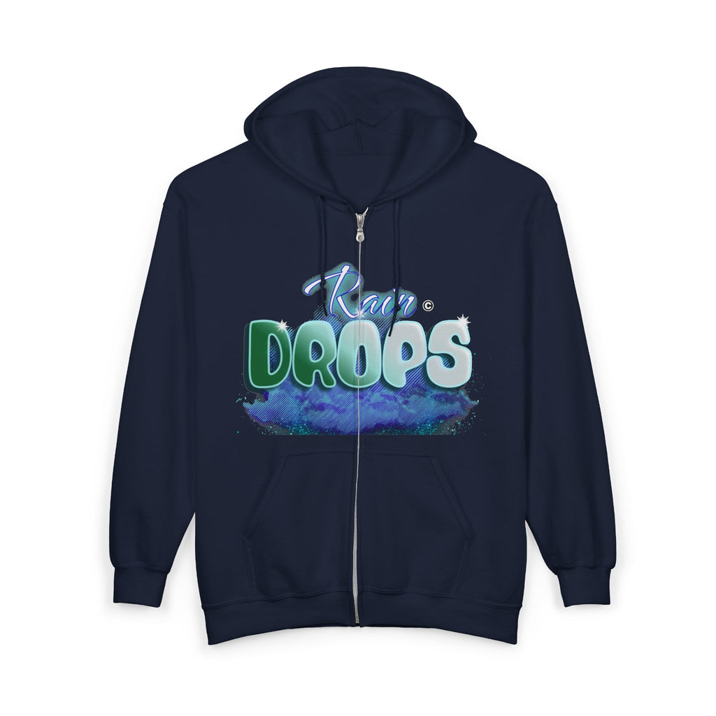 Zip Hoodie — 'Rain Drops' Blue Watercolor Graphic Full-Zip Sweatshirt