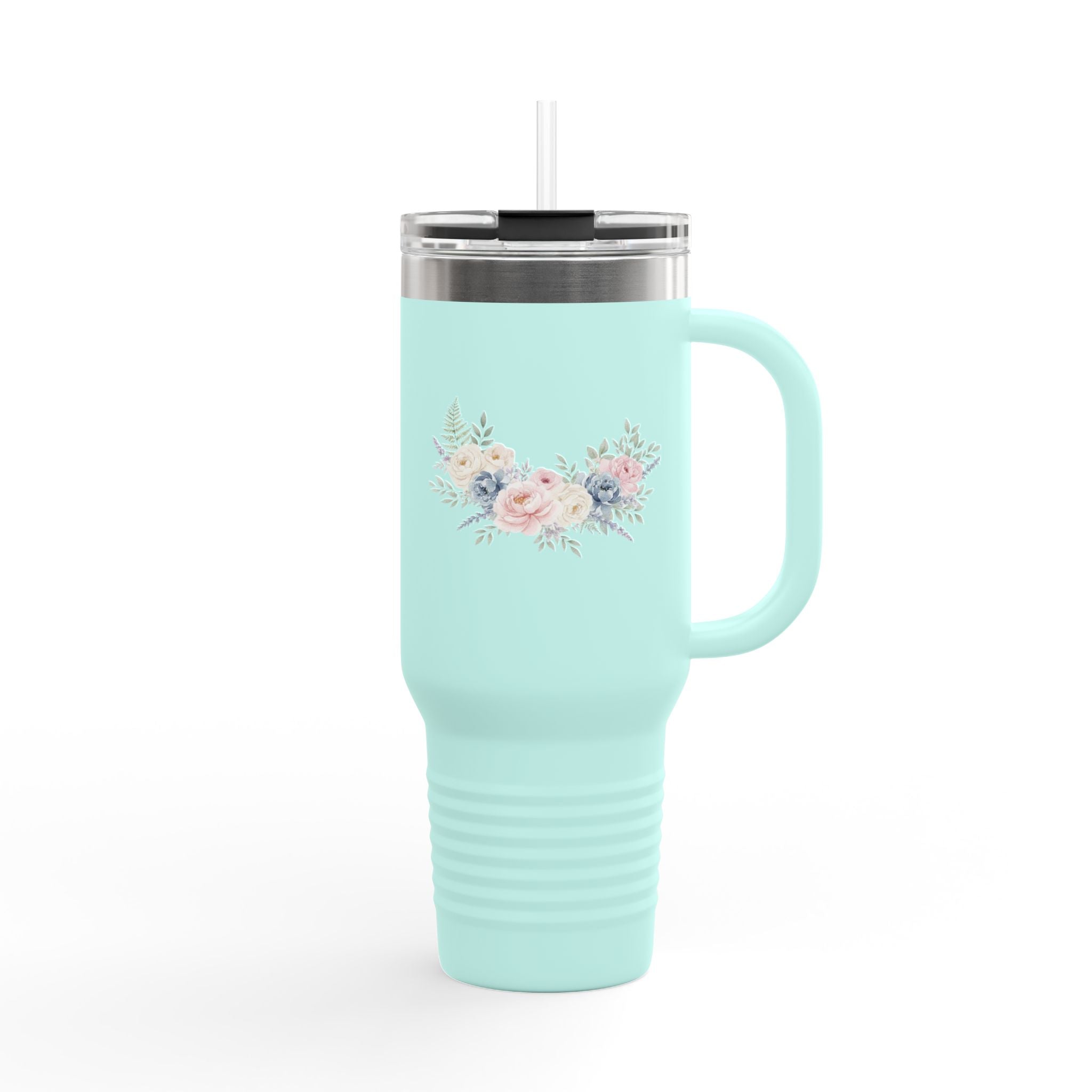 40oz Insulated Travel Mug with Pastel Floral Bouquet – Large Stainless Steel Tumbler, Travel Coffee Cup