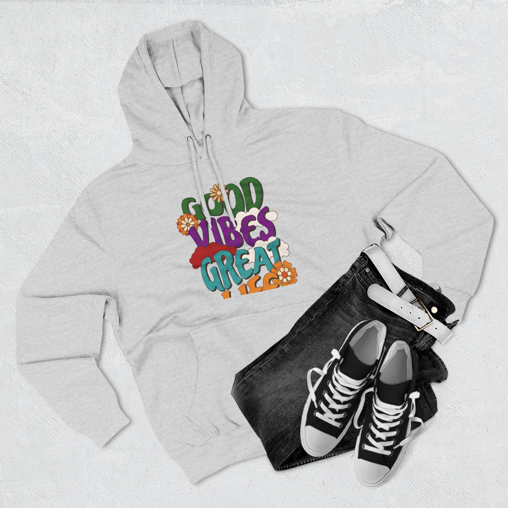 Good Vibes Great Ideas Hoodie — Retro Floral Positive Message Pullover